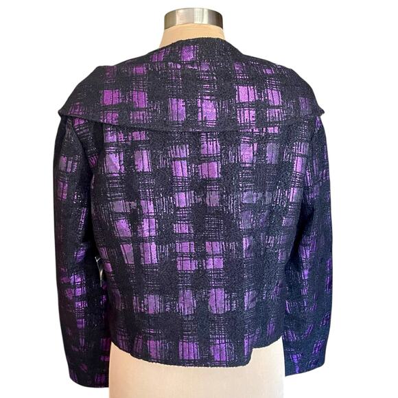 Samuel Dong Purple Shimmer Black Plaid Cropped Blazer Shawl Collar Sz XL Career - Picture 4 of 11